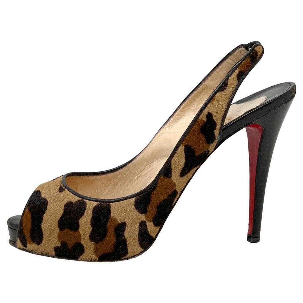 Christian Louboutin Leopard Slingback Heels 40.5 Calf Hair‎ Peep Toe Red Sole